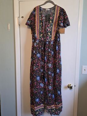 Black Floral Maxi Dress with Blue and Pink Print